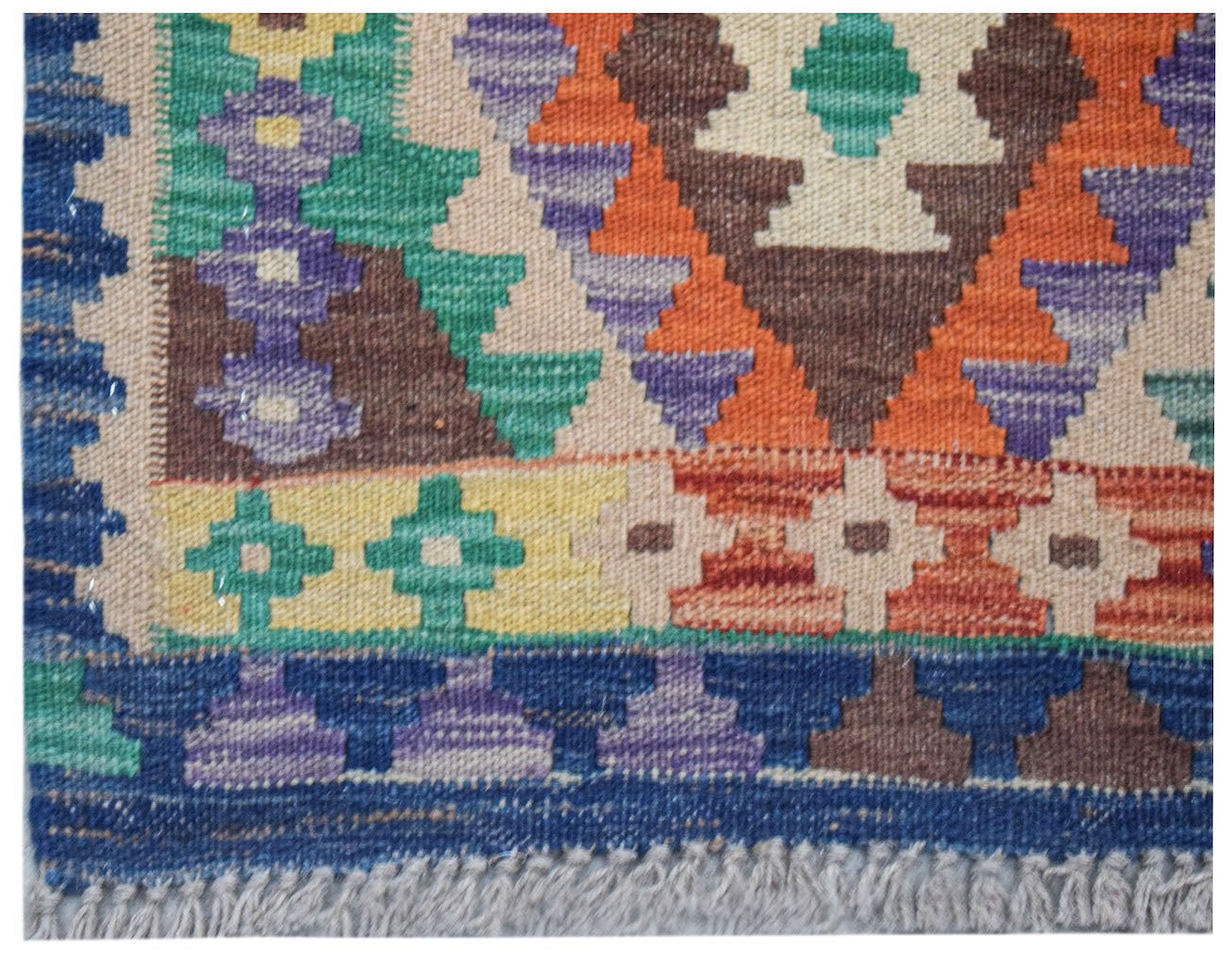 Afghan Maimana Kilim Runner with geometric patterns in wool.