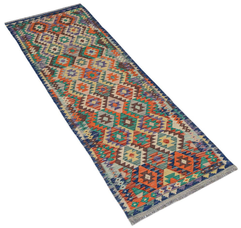 Afghan Maimana Kilim runner with geometric patterns in multiple colors.