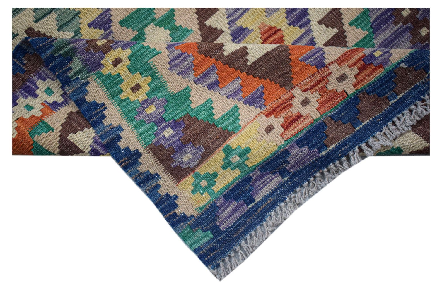 Afghan Maimana Kilim Runner with geometric patterns in multiple colors.