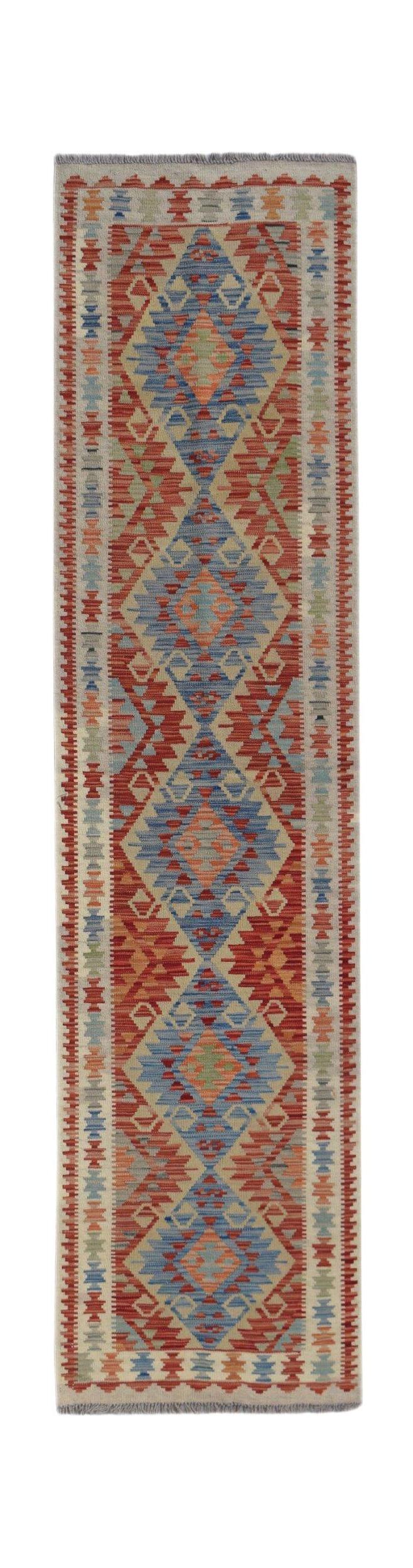 Handwoven Afghan Maimana wool runner featuring a geometric diamond pattern in red and blue tones.
