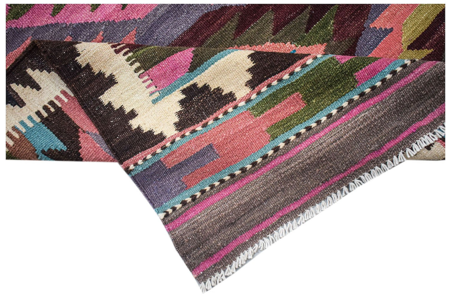 A handmade Afghan Maimana wool kilim runner featuring a colorful geometric pattern.