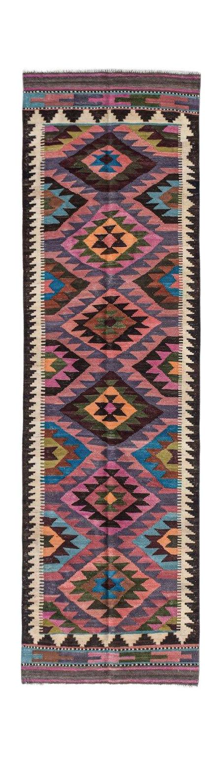 Afghan Maimana Kilim runner with geometric patterns in pink, blue, and orange.
