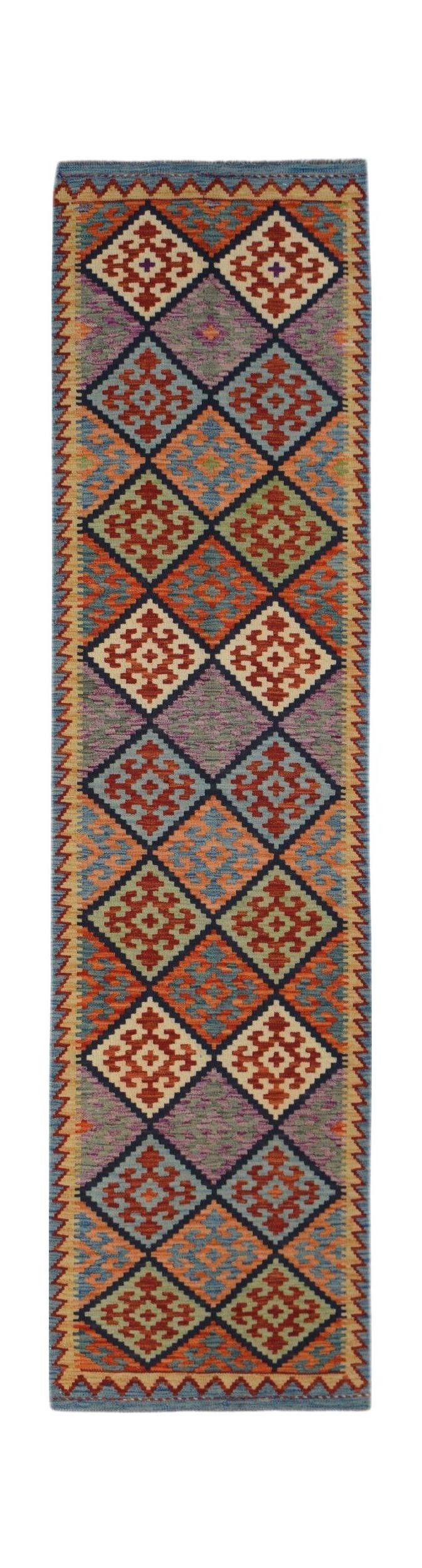 Handwoven Afghan Maimana wool runner featuring a colorful geometric diamond pattern.