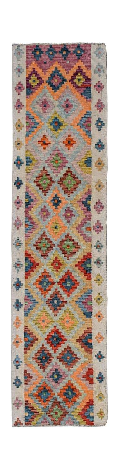 Handwoven Afghan Maimana wool runner featuring a colorful geometric diamond pattern.