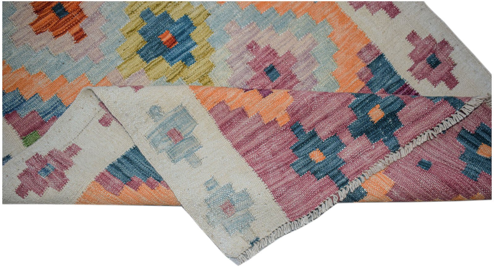Handwoven Afghan Maimana Kilim runner featuring a geometric pattern in vibrant wool colors.