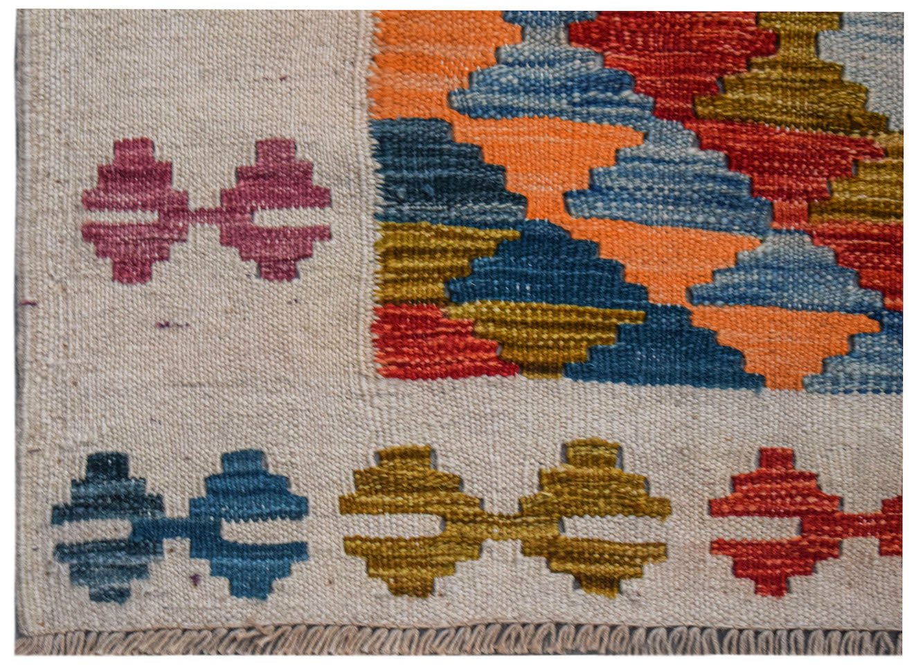Afghan Maimana Kilim Runner with geometric patterns in red, blue, orange, and gold.