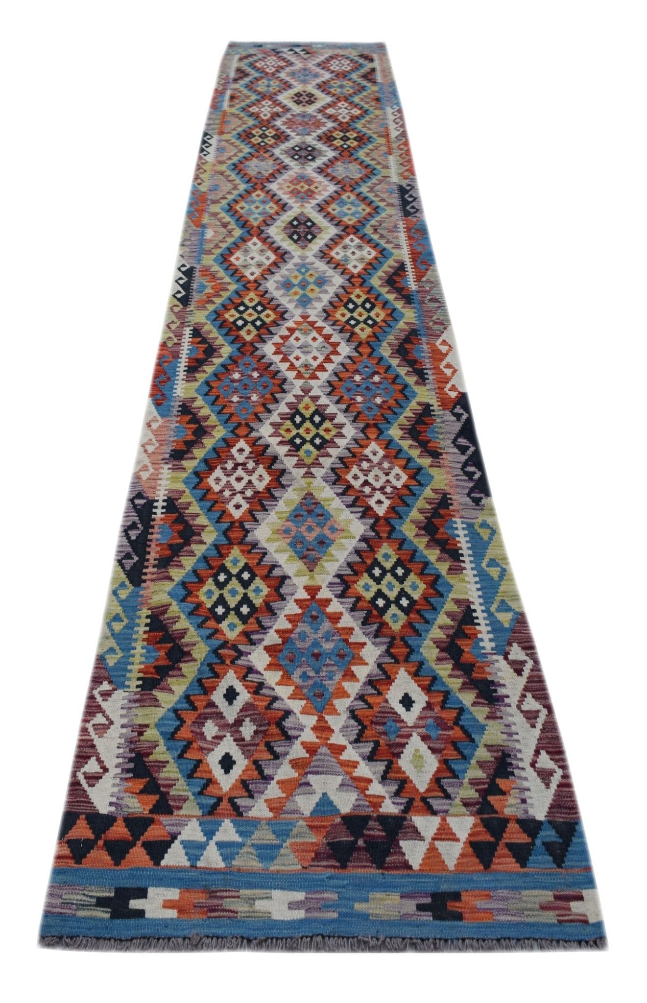 Handwoven Afghan Maimana wool runner rug featuring a colorful geometric diamond pattern.