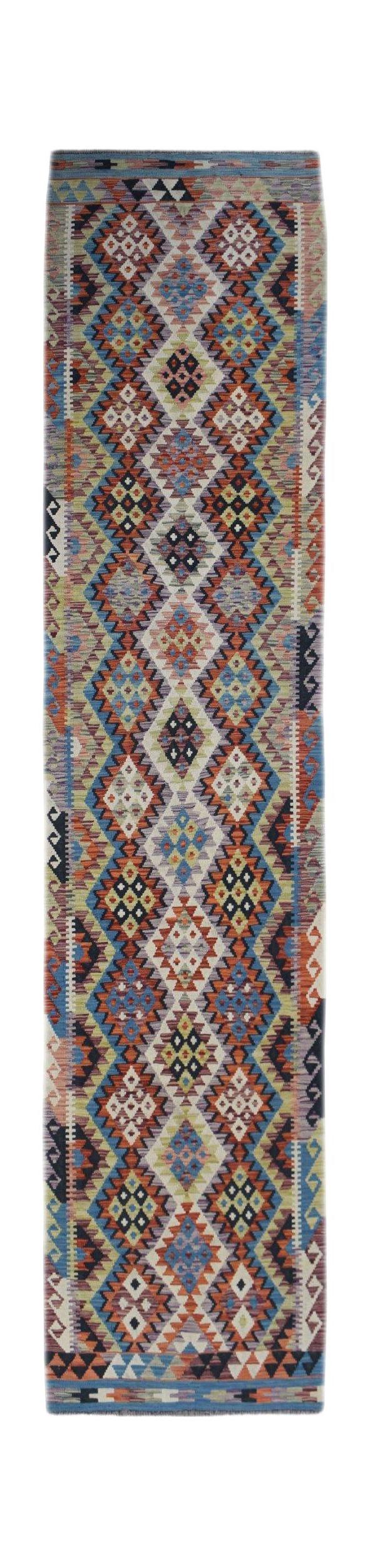 Handwoven Afghan Maimana wool runner rug featuring a colorful geometric diamond pattern.