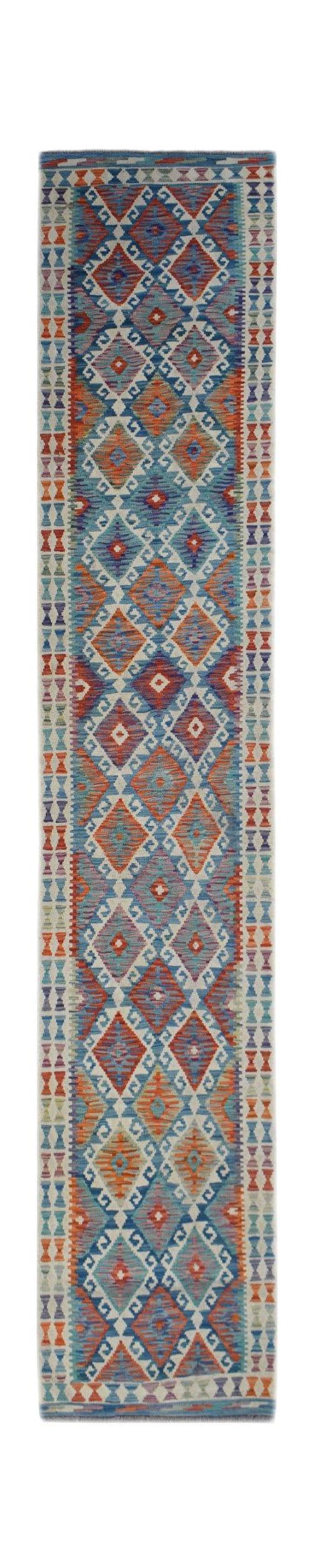 Handwoven Afghan Maimana wool runner rug featuring a colorful geometric diamond pattern.