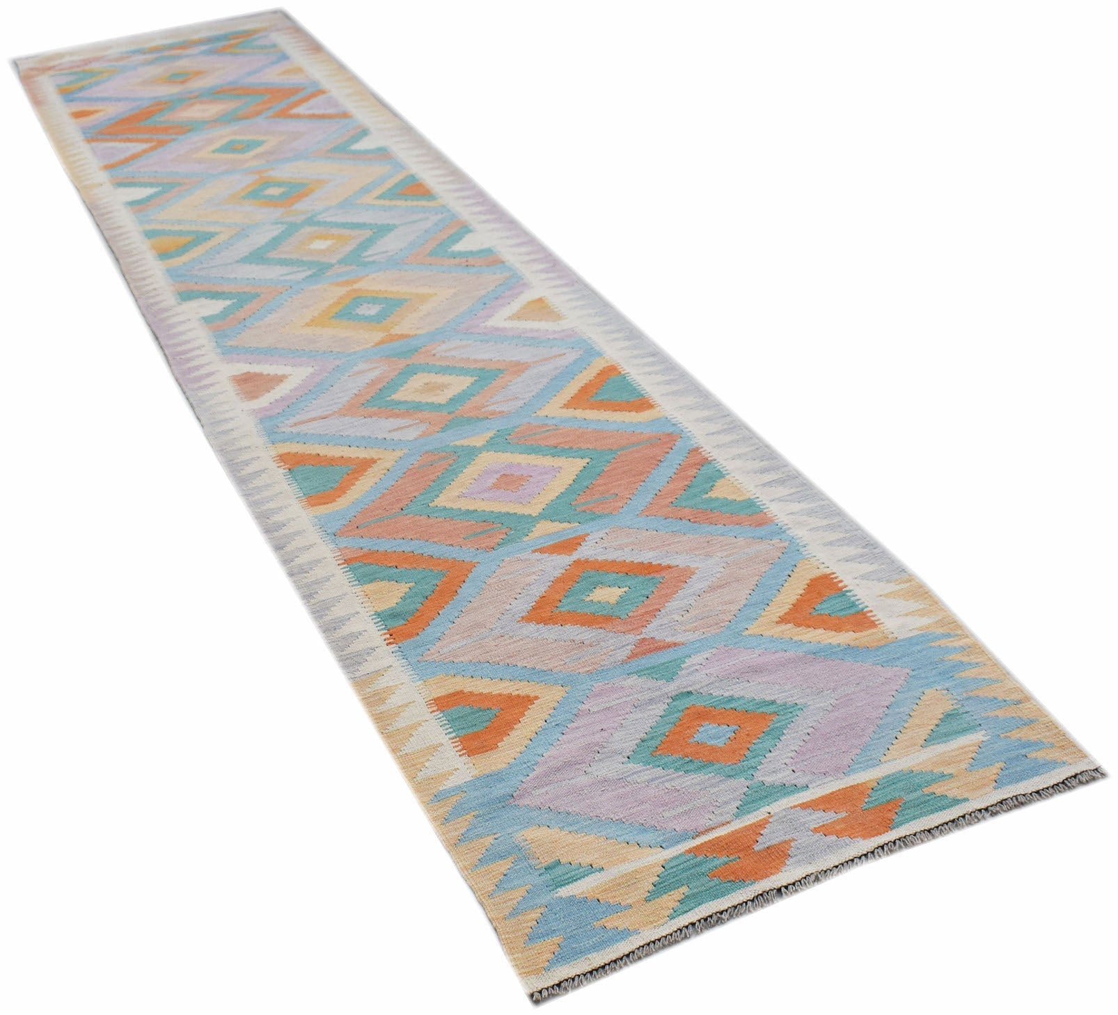 A handmade Afghan Maimana wool runner rug featuring a colorful geometric diamond pattern.