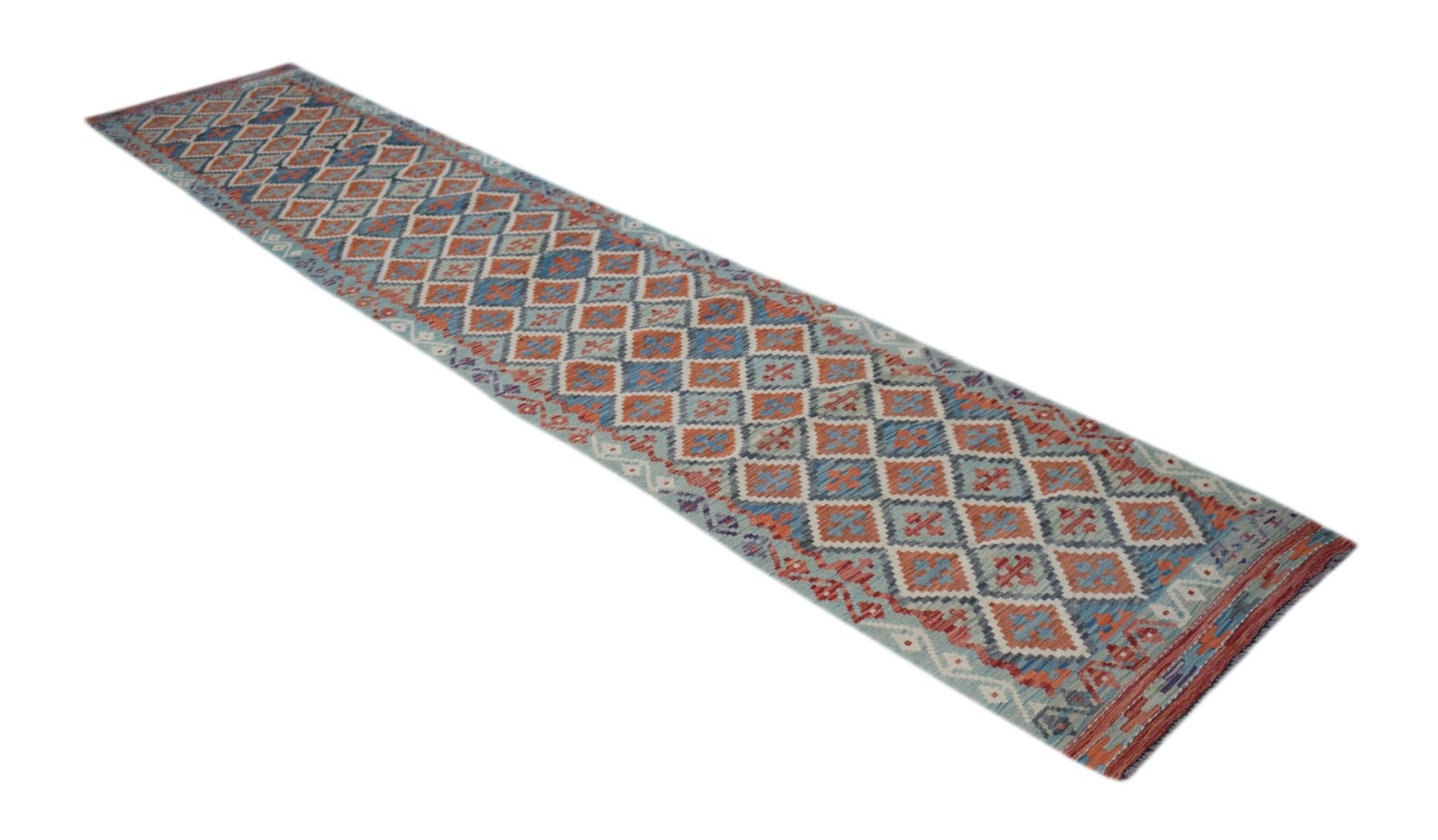 A handmade Afghan Maimana wool runner rug featuring a repeating geometric diamond pattern.