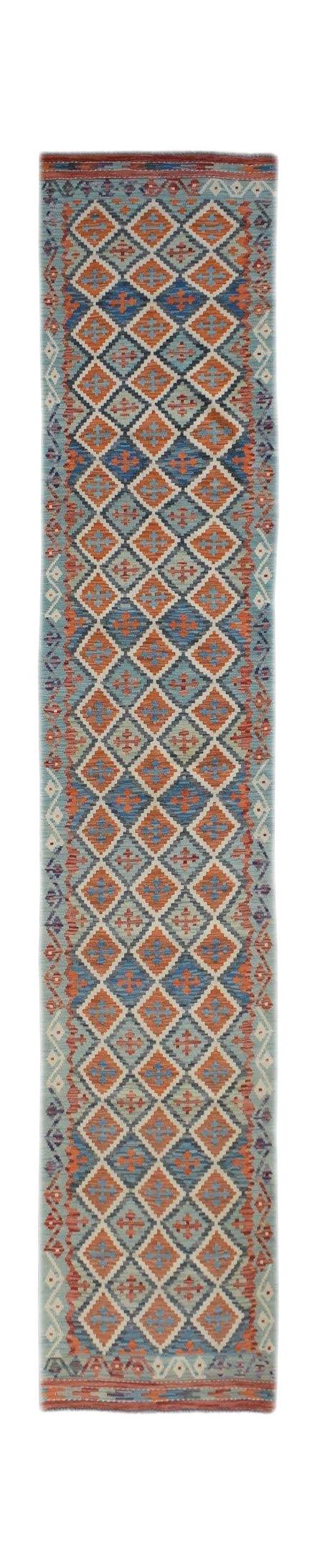 Handwoven Afghan Maimana wool runner featuring a repeating blue and orange diamond pattern.