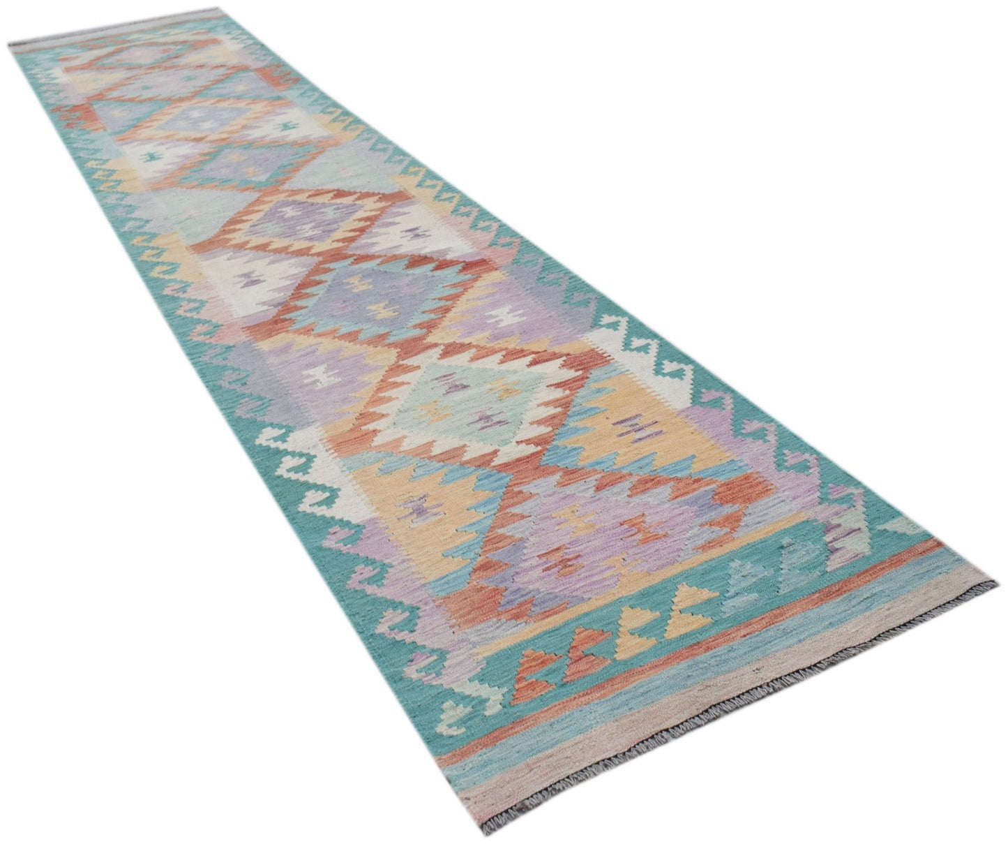 Handwoven Afghan Maimana wool runner featuring a colorful geometric diamond pattern.