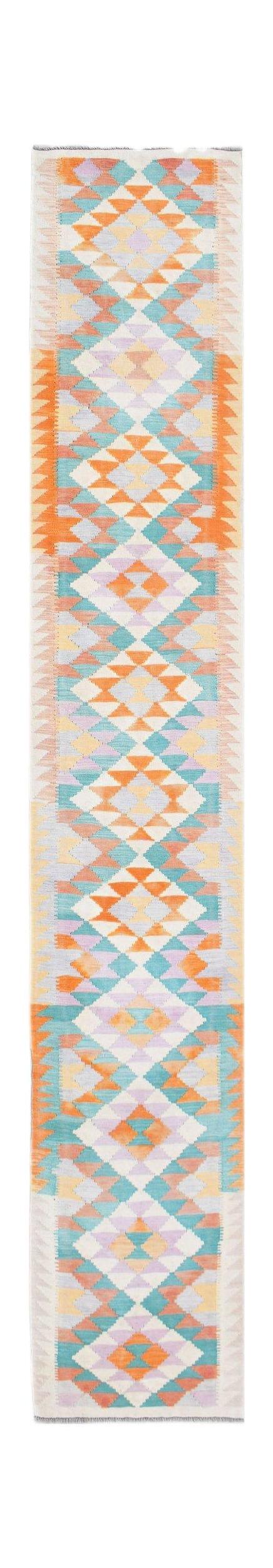 Handwoven Afghan Maimana wool runner featuring a colorful geometric diamond pattern.