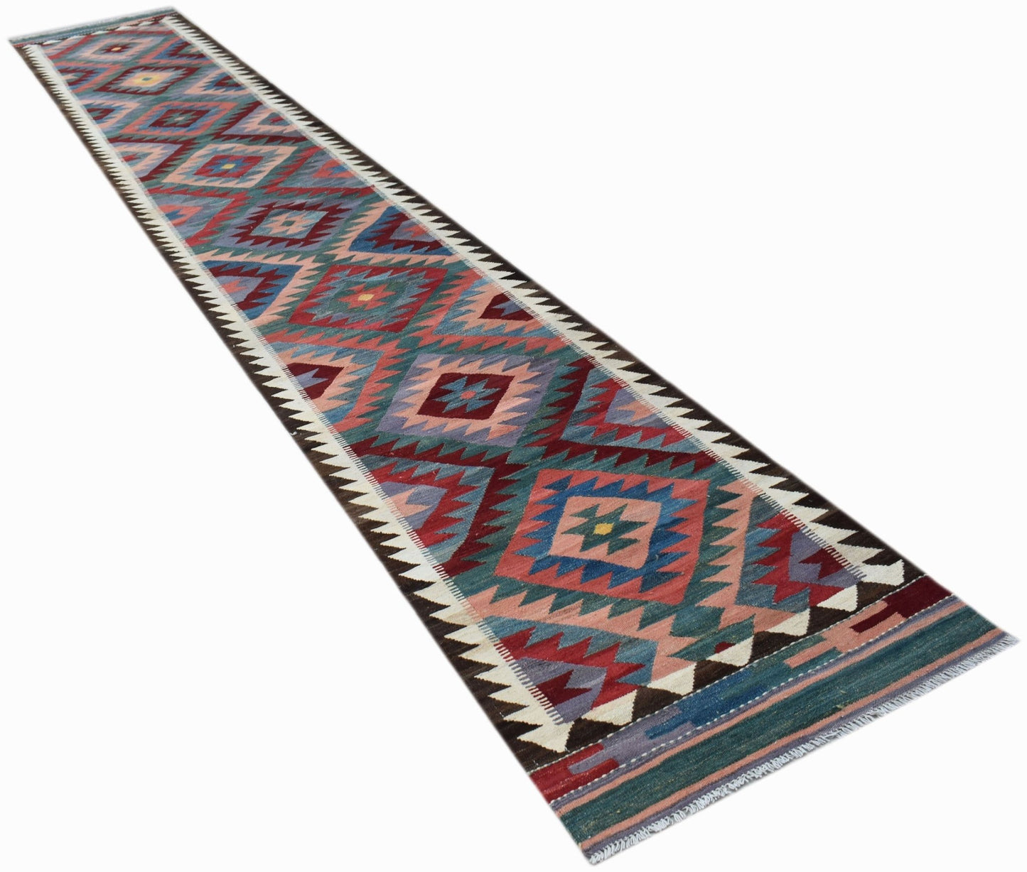 A long, handmade Afghan Maimana kilim runner featuring a geometric diamond pattern in wool.