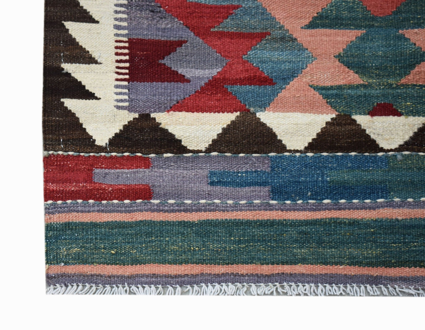 Handwoven Afghan Maimana wool kilim runner featuring geometric patterns in vibrant colors.