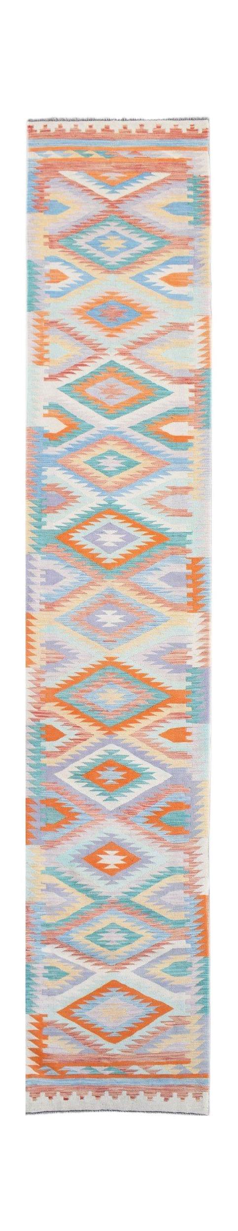 Handwoven Afghan Maimana wool runner rug featuring a colorful geometric diamond pattern.