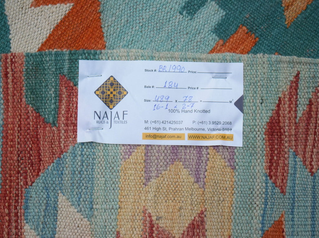 Handmade Afghan Maimana Kilim Hallway Runner | 489 x 78 cm | 16'1" x 2'7" - Najaf Rugs & Textile