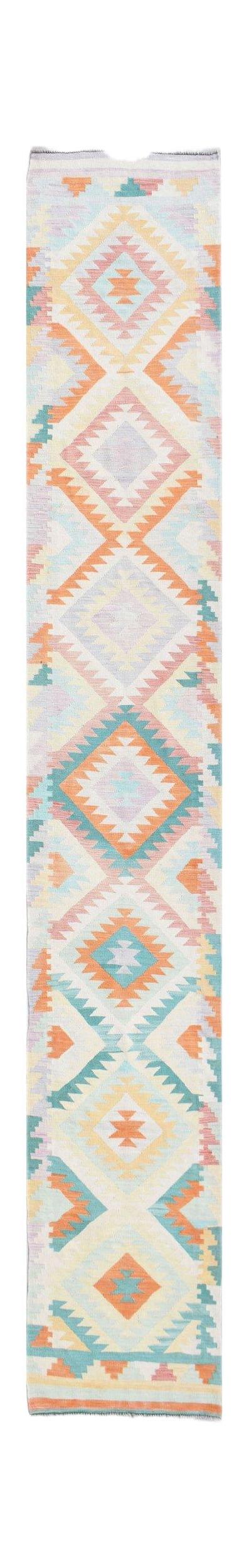 Handwoven Afghan Maimana wool runner featuring a geometric diamond pattern in pastel tones.