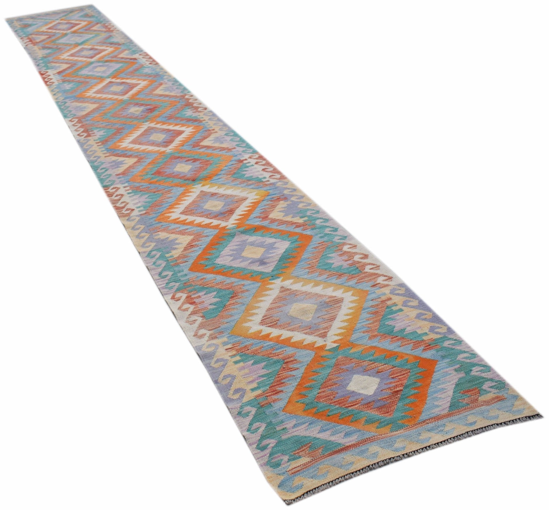 A long, handmade Afghan Maimana Kilim runner featuring a repeating geometric diamond pattern.