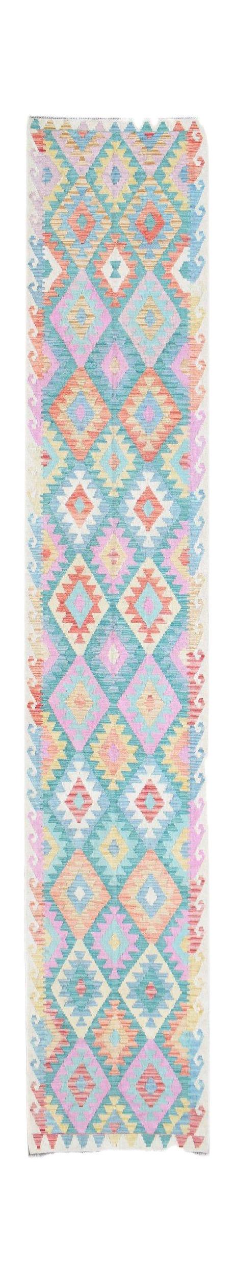 Handwoven Afghan Maimana wool runner rug featuring a colorful geometric diamond pattern.