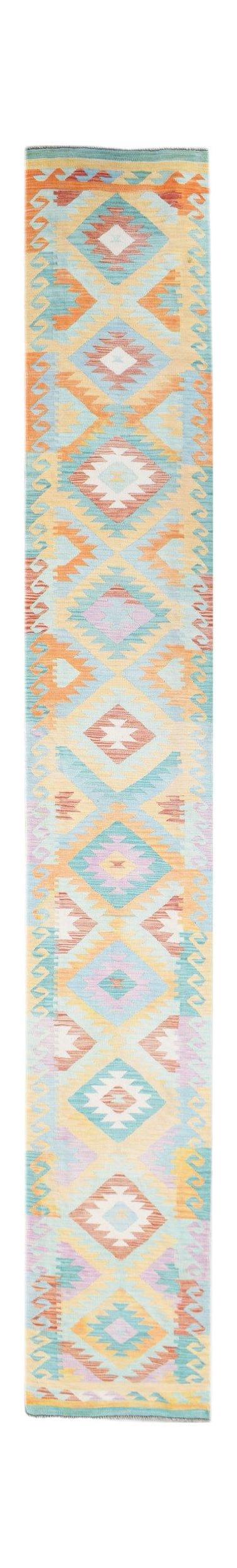 A handmade Afghan Maimana wool runner rug featuring a colorful geometric diamond pattern.