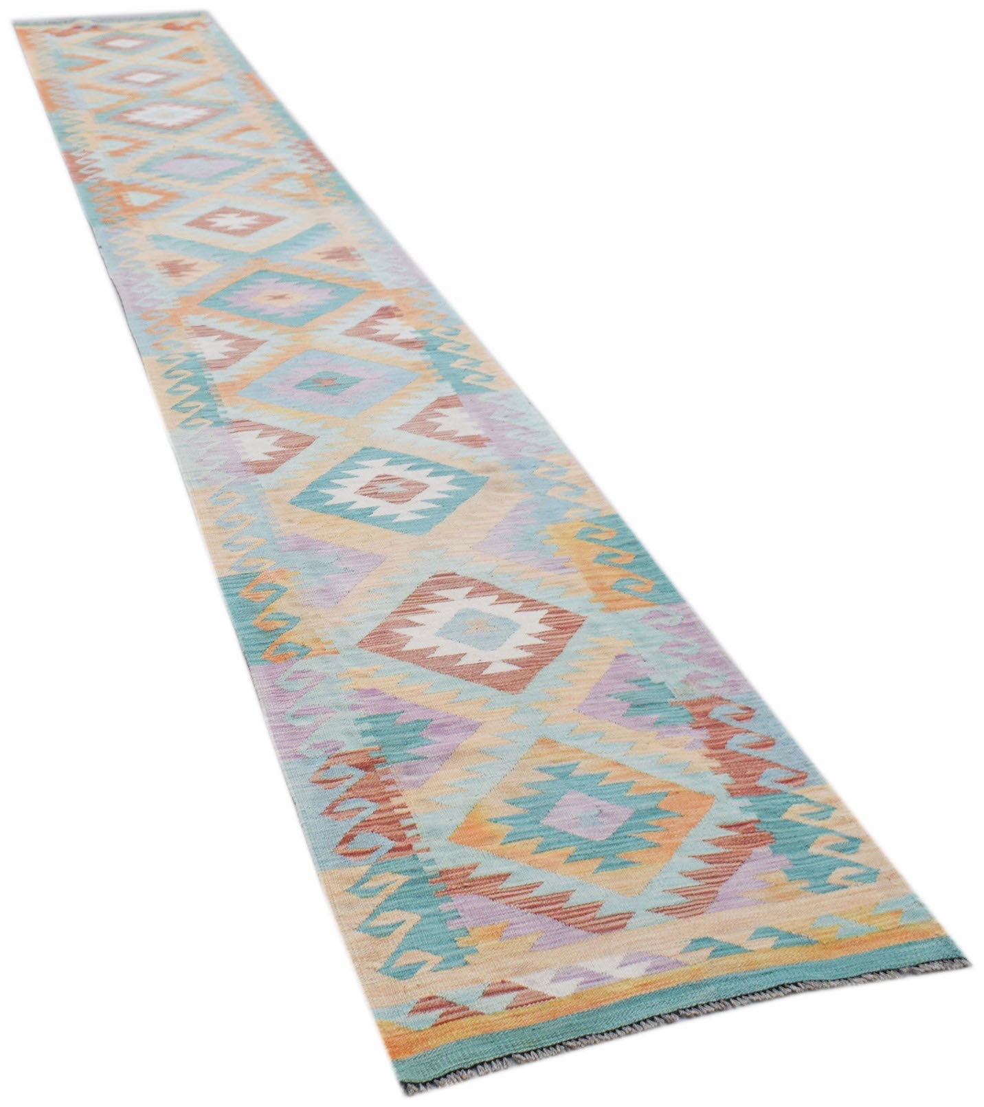A long, handmade Afghan Maimana kilim runner featuring a colorful geometric diamond pattern.