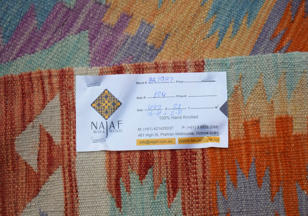 Handmade Afghan Maimana Kilim Hallway Runner | 498 x 81 cm | 16'4" x 2'8" - Najaf Rugs & Textile