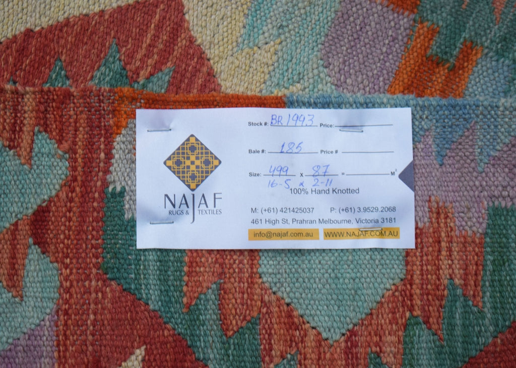 Handmade Afghan Maimana Kilim Hallway Runner | 499 x 87 cm | 16'5" x 2'7" - Najaf Rugs & Textile