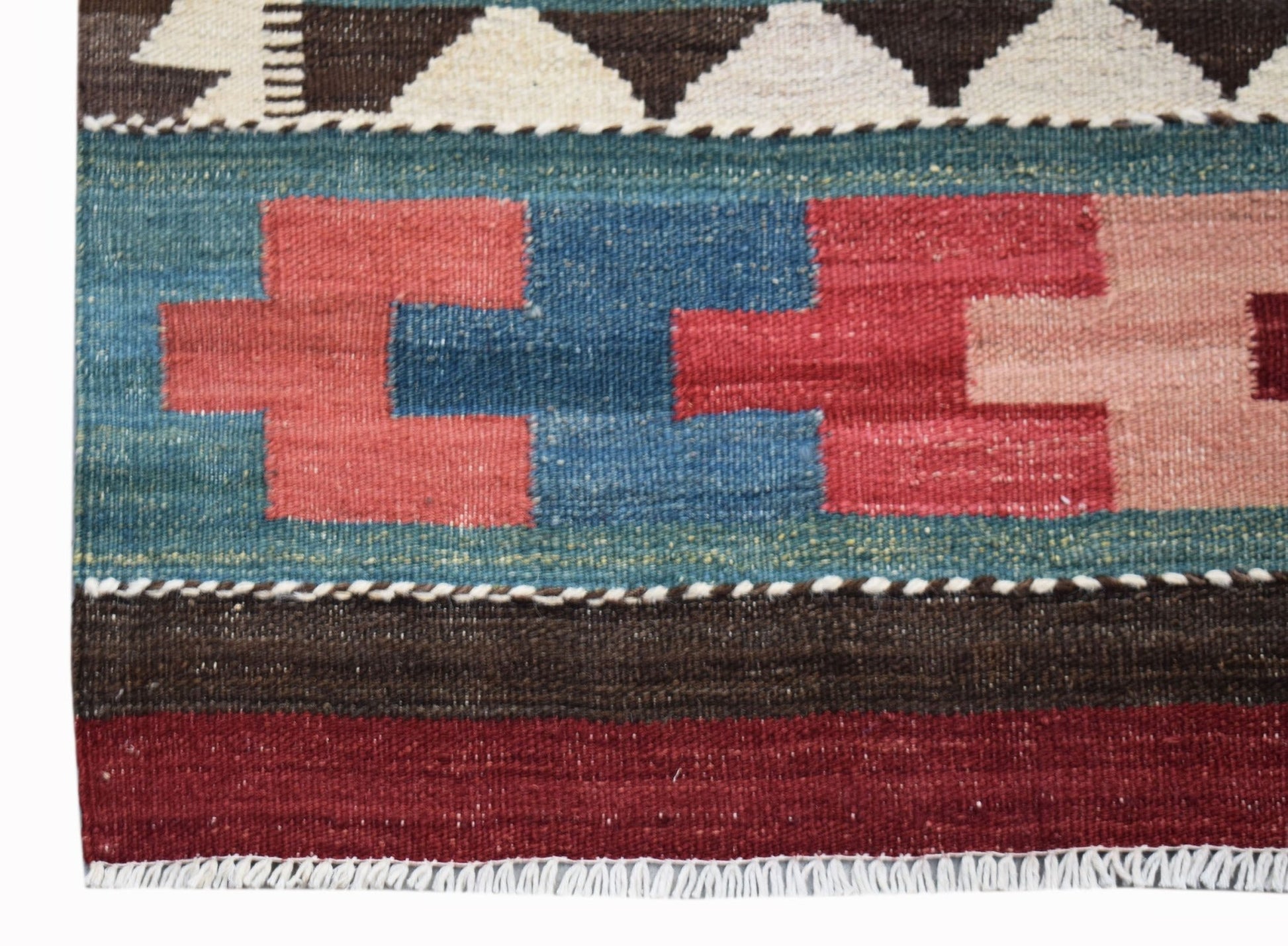Handwoven Afghan Maimana wool kilim runner featuring geometric patterns in red, blue, and brown.