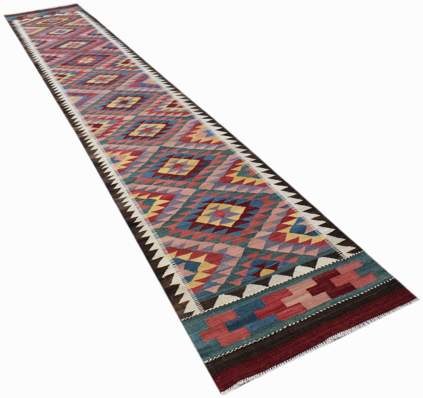 A long, handmade Afghan Maimana kilim runner featuring a colorful geometric diamond pattern.