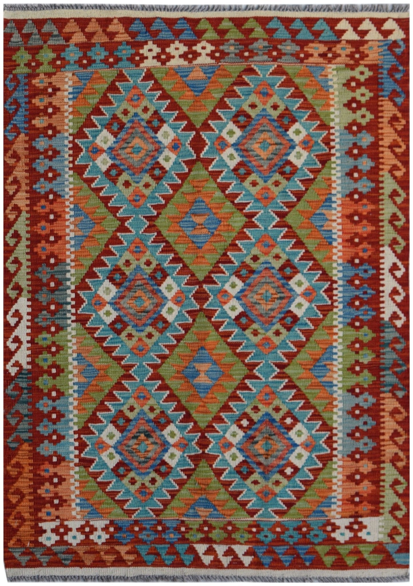 Handwoven Afghan Maimana kilim rug featuring a vibrant geometric diamond pattern in wool.