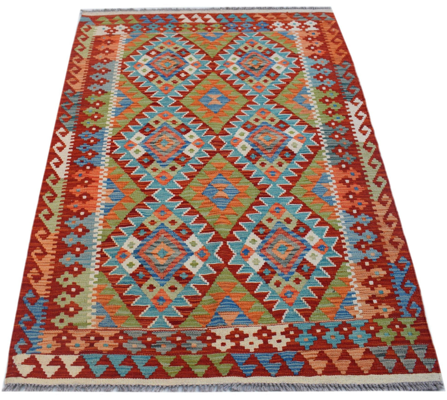 Handwoven Afghan Maimana kilim rug featuring a vibrant geometric diamond pattern in wool.