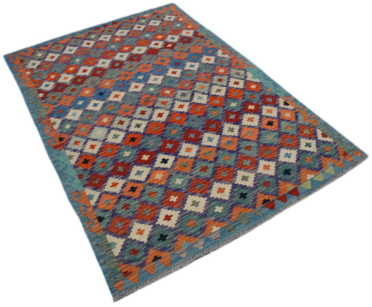 Handwoven Afghan Maimana kilim rug featuring a colorful geometric diamond pattern in wool.