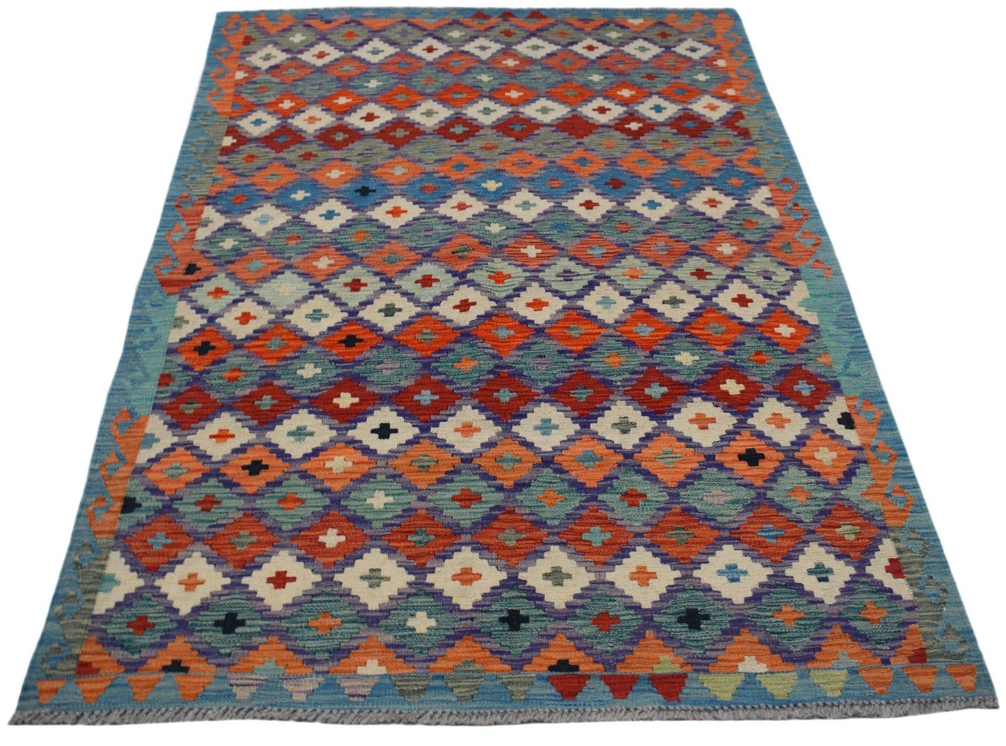 Handwoven Afghan Maimana kilim rug featuring a colorful geometric diamond pattern.