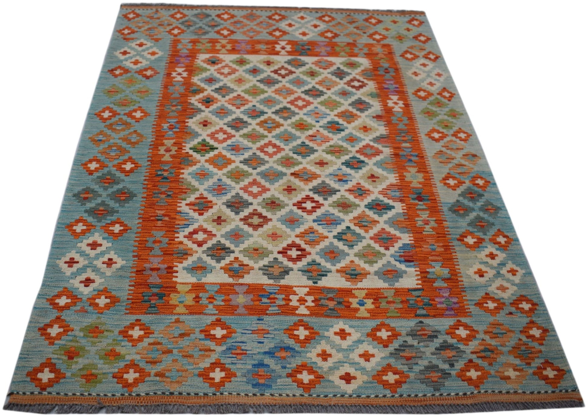 Handwoven Afghan Maimana kilim rug featuring a geometric diamond pattern in vibrant colors.