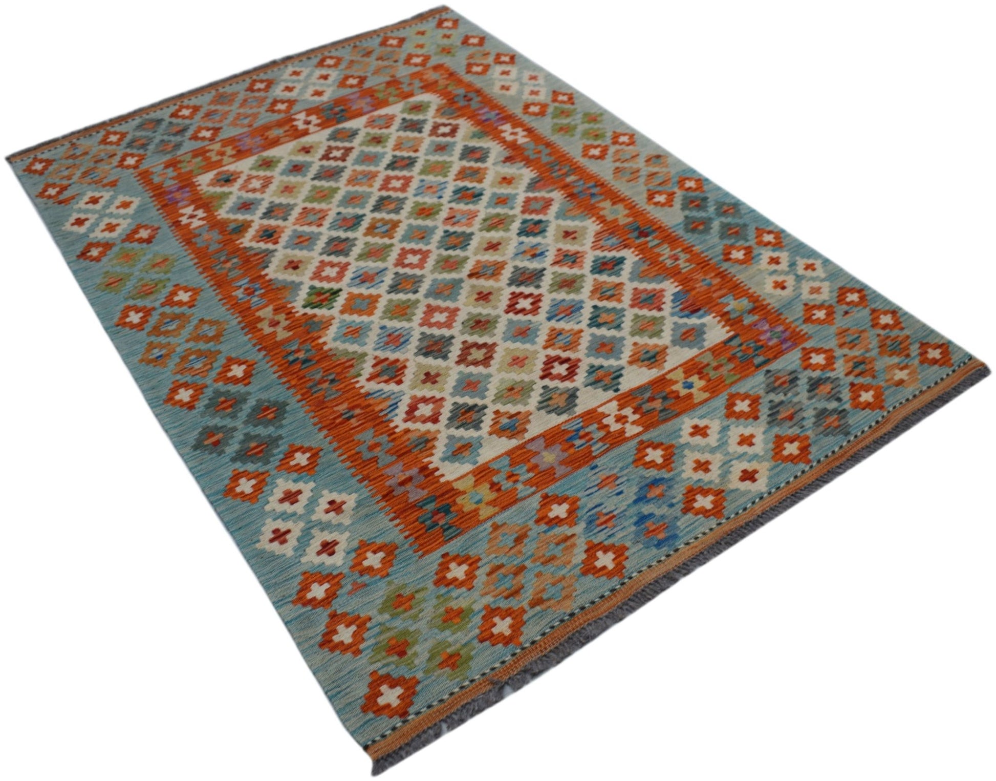 Handwoven Afghan Maimana kilim rug featuring a geometric diamond pattern in orange and blue tones.
