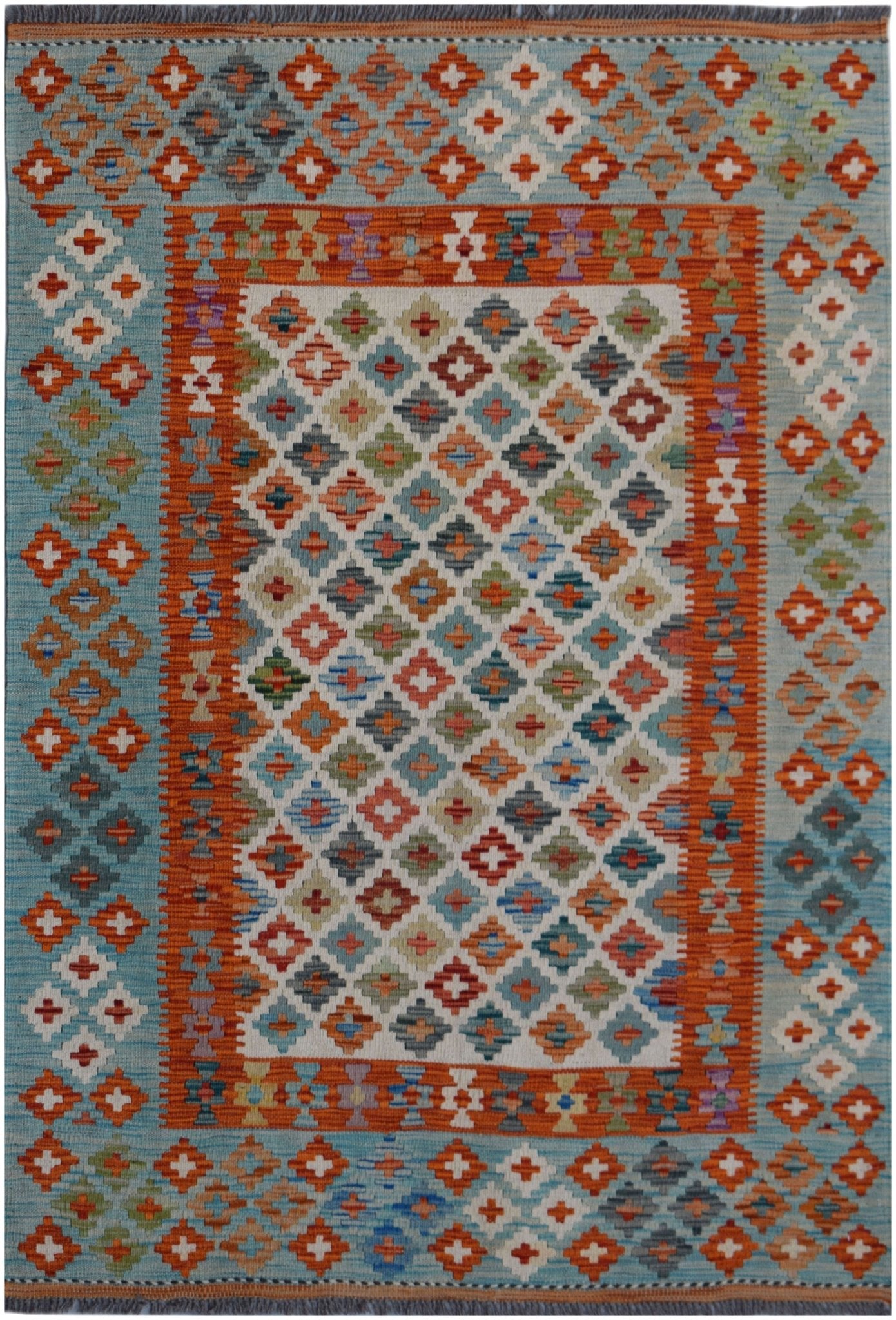 Handwoven Afghan Maimana kilim rug featuring a geometric diamond pattern in vibrant colors.