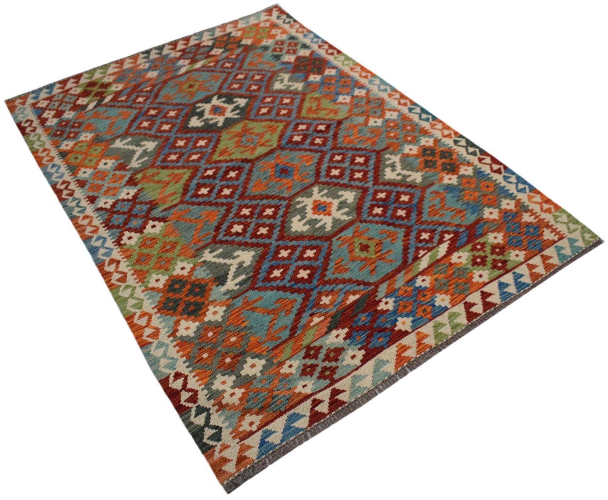 Handwoven Afghan Maimana kilim rug featuring a colorful geometric pattern in wool.