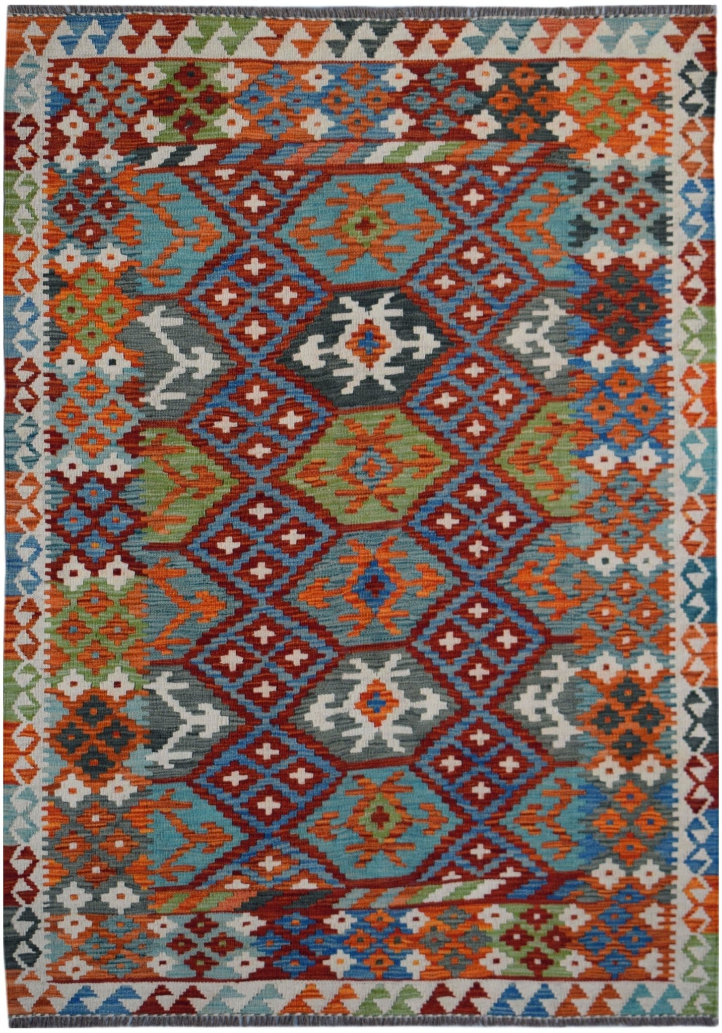 Handwoven Afghan Maimana kilim rug featuring a vibrant geometric pattern in wool.