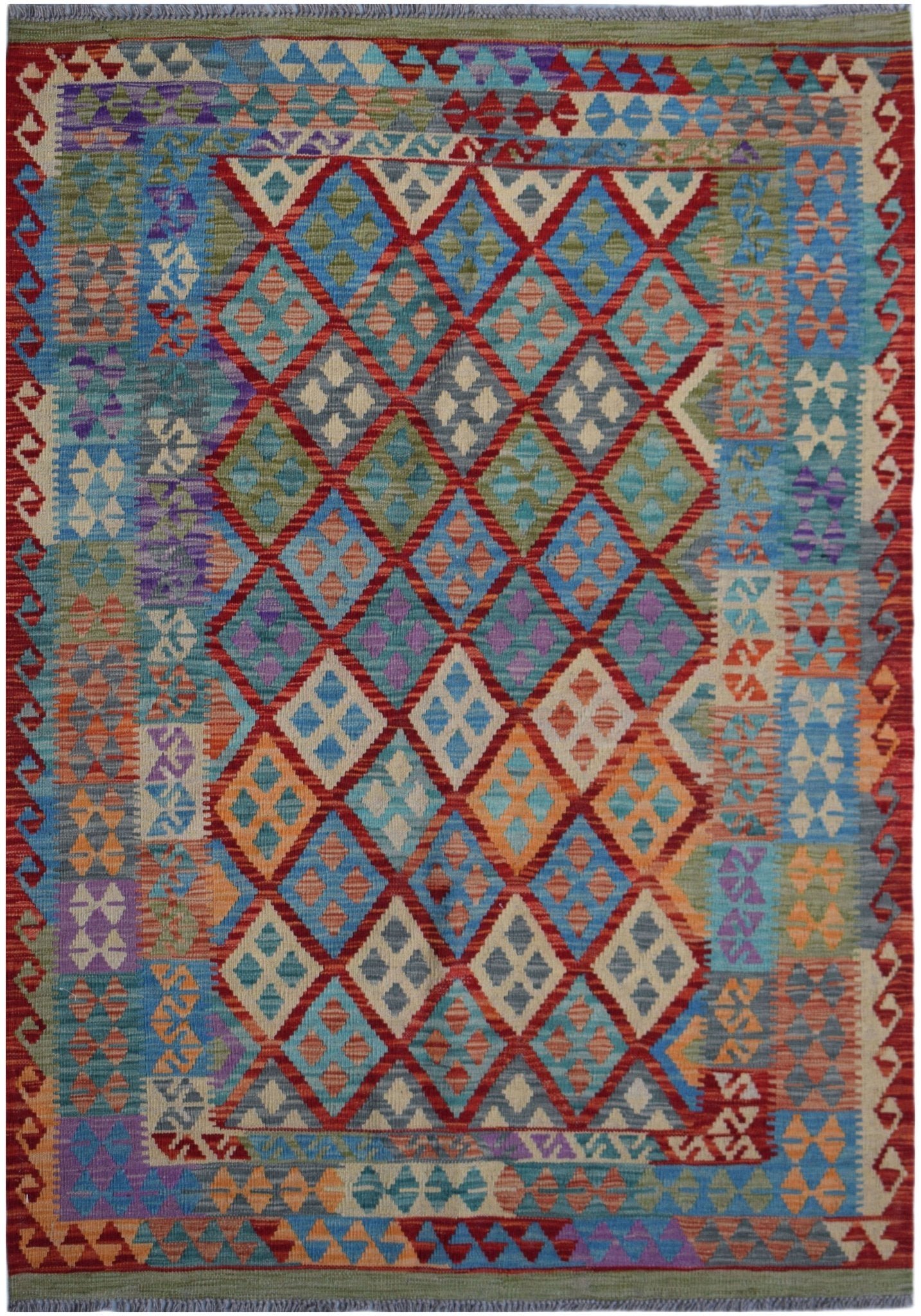 Handwoven Afghan Maimana kilim rug featuring a vibrant geometric diamond pattern in wool.