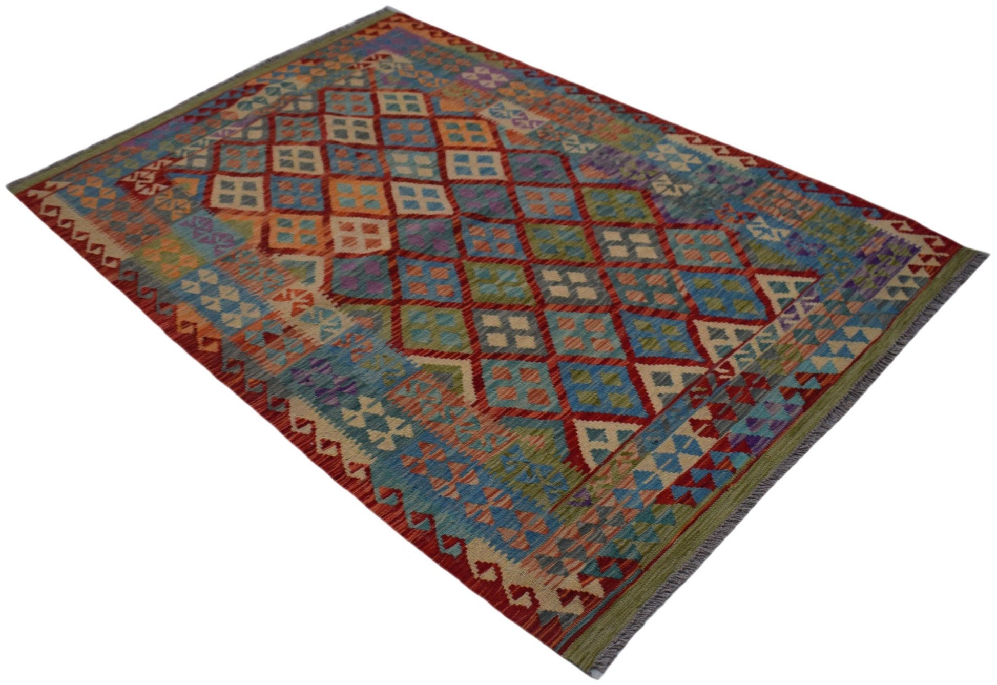 Handwoven Afghan Maimana kilim rug featuring a colorful geometric diamond pattern.