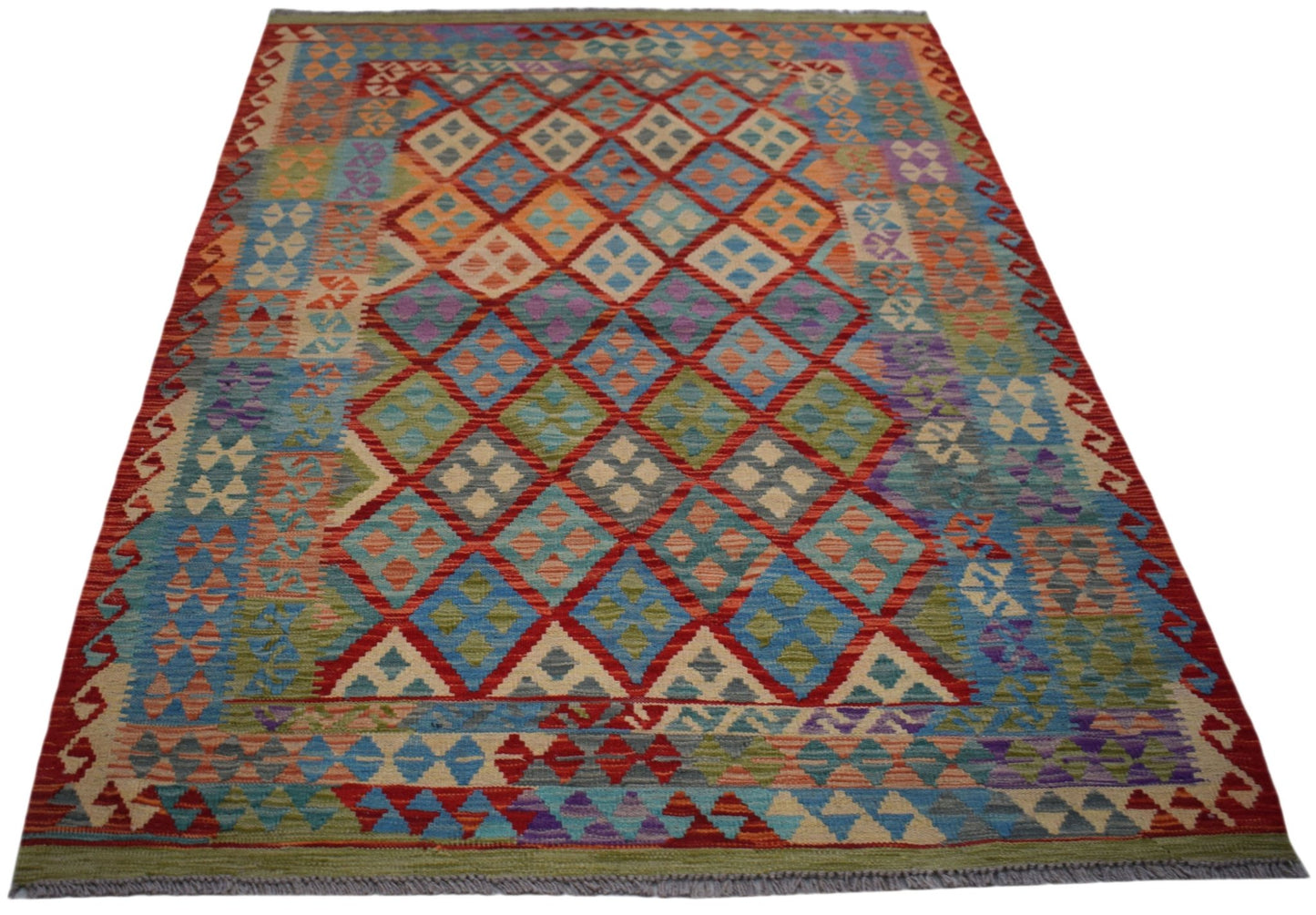 Handwoven Afghan Maimana kilim rug featuring a colorful geometric diamond pattern in wool.