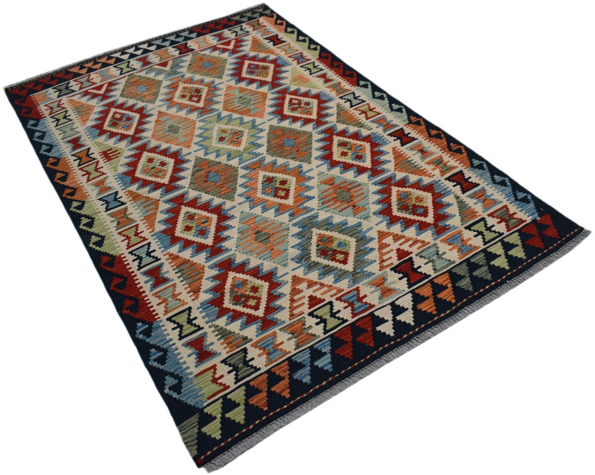 Handwoven Afghan Maimana kilim rug featuring a colorful geometric diamond pattern on a wool base.