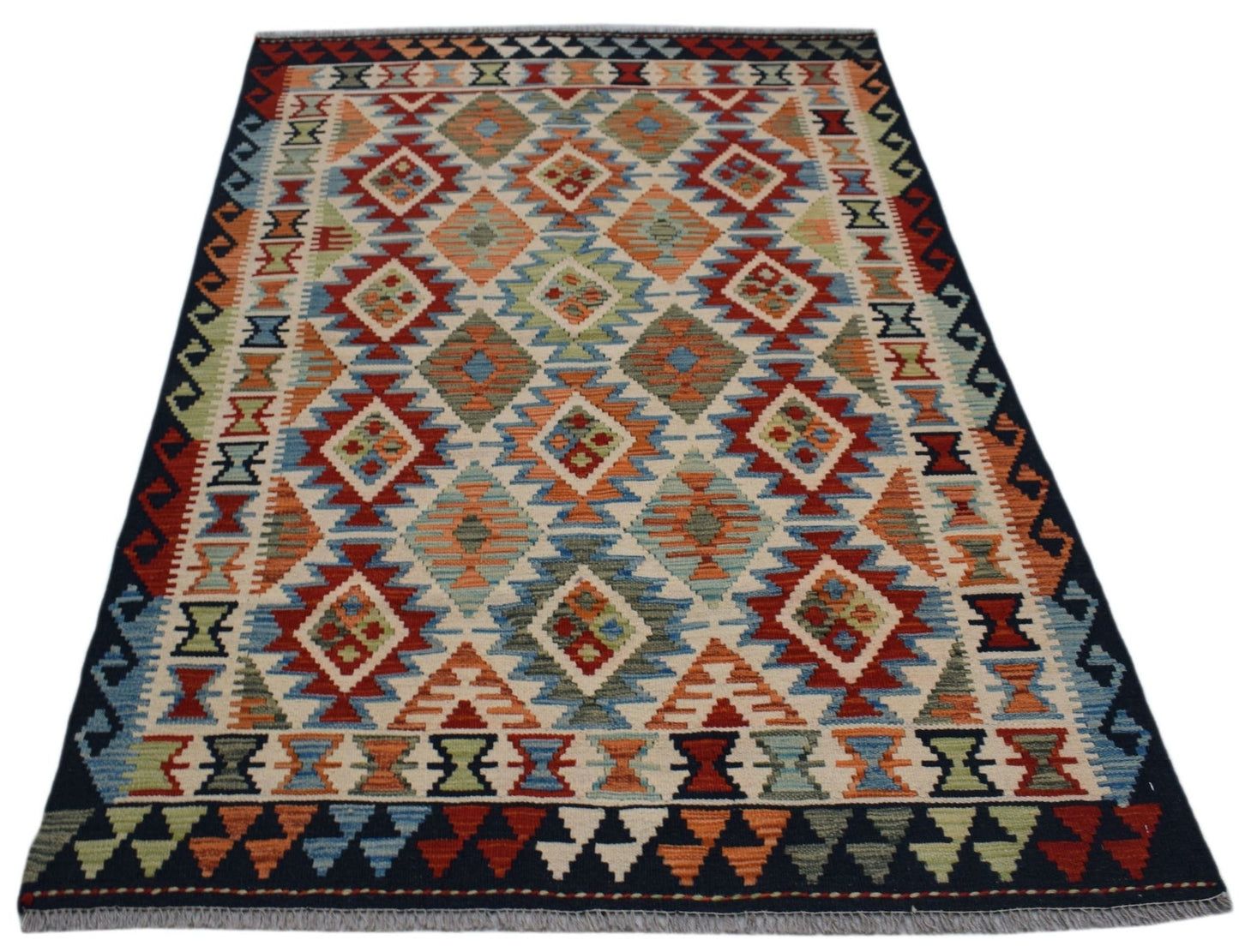 Handwoven Afghan Maimana kilim rug featuring a colorful geometric diamond pattern.