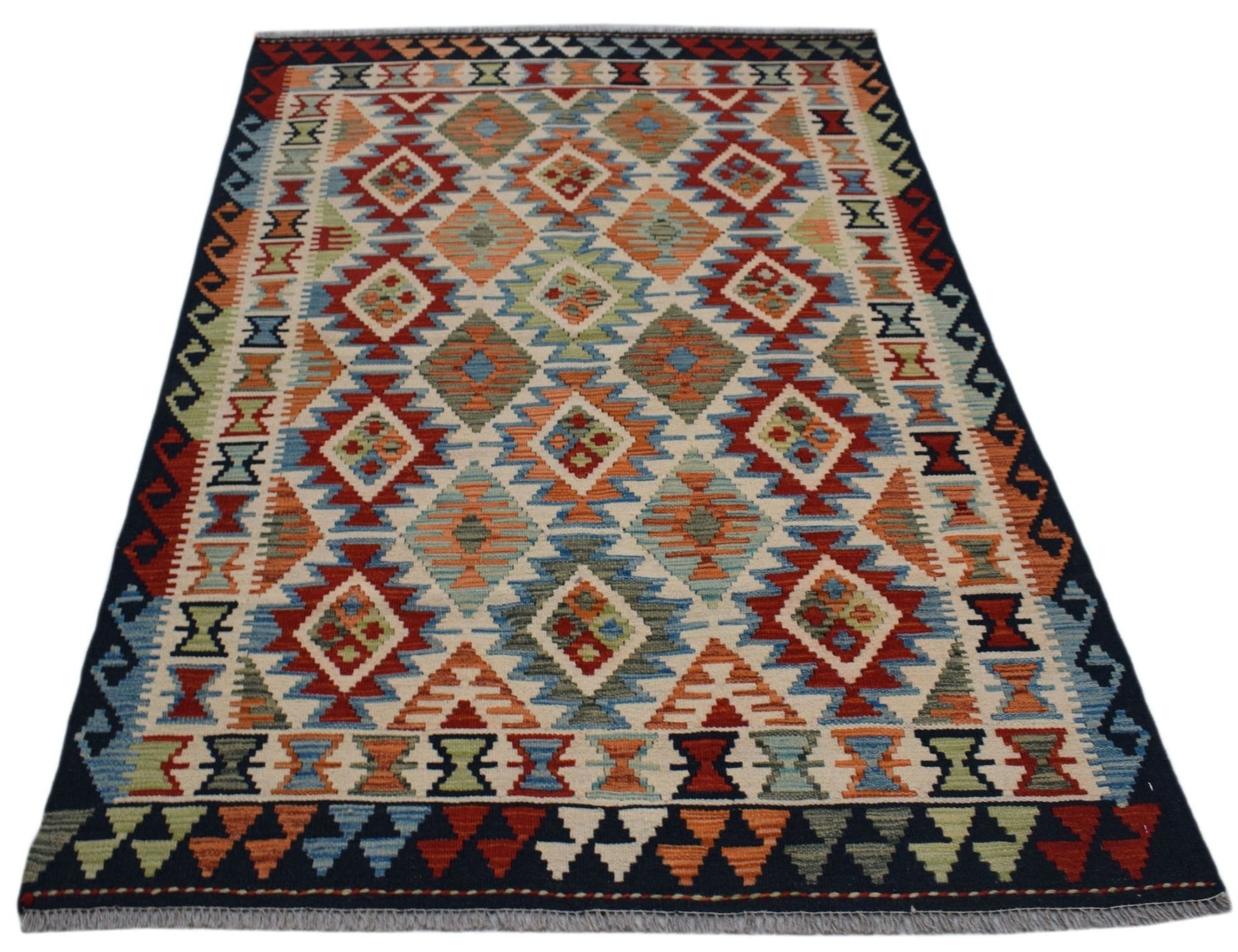 Handwoven Afghan Maimana kilim rug featuring a colorful geometric diamond pattern.