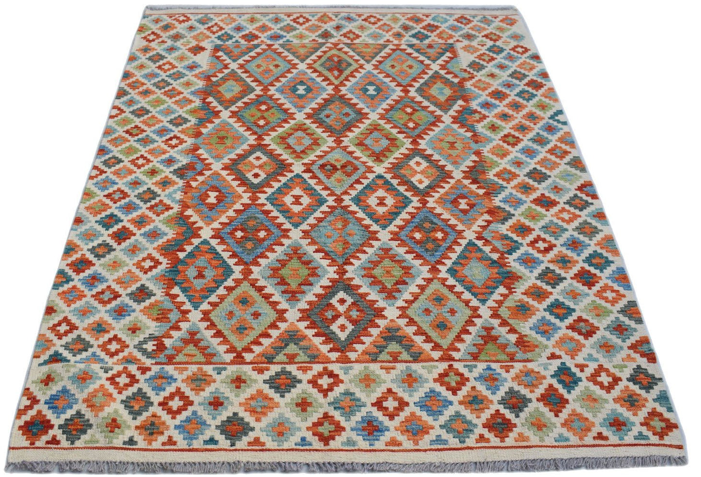 Handwoven Afghan Maimana kilim rug featuring a colorful geometric diamond pattern in wool.