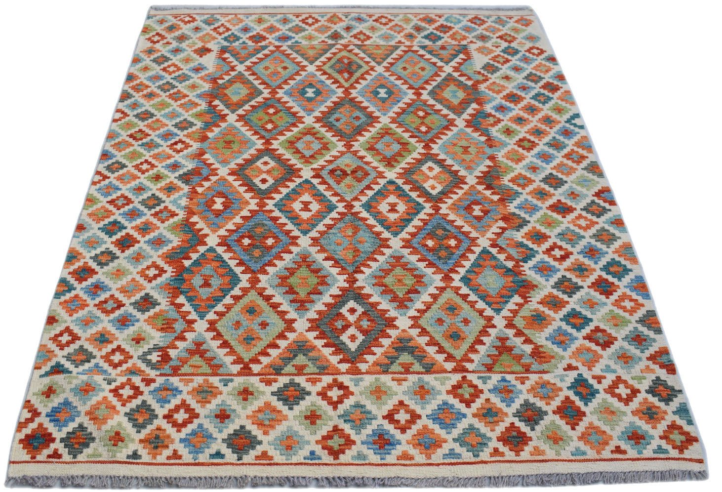 Handwoven Afghan Maimana kilim rug featuring a colorful geometric diamond pattern in wool.
