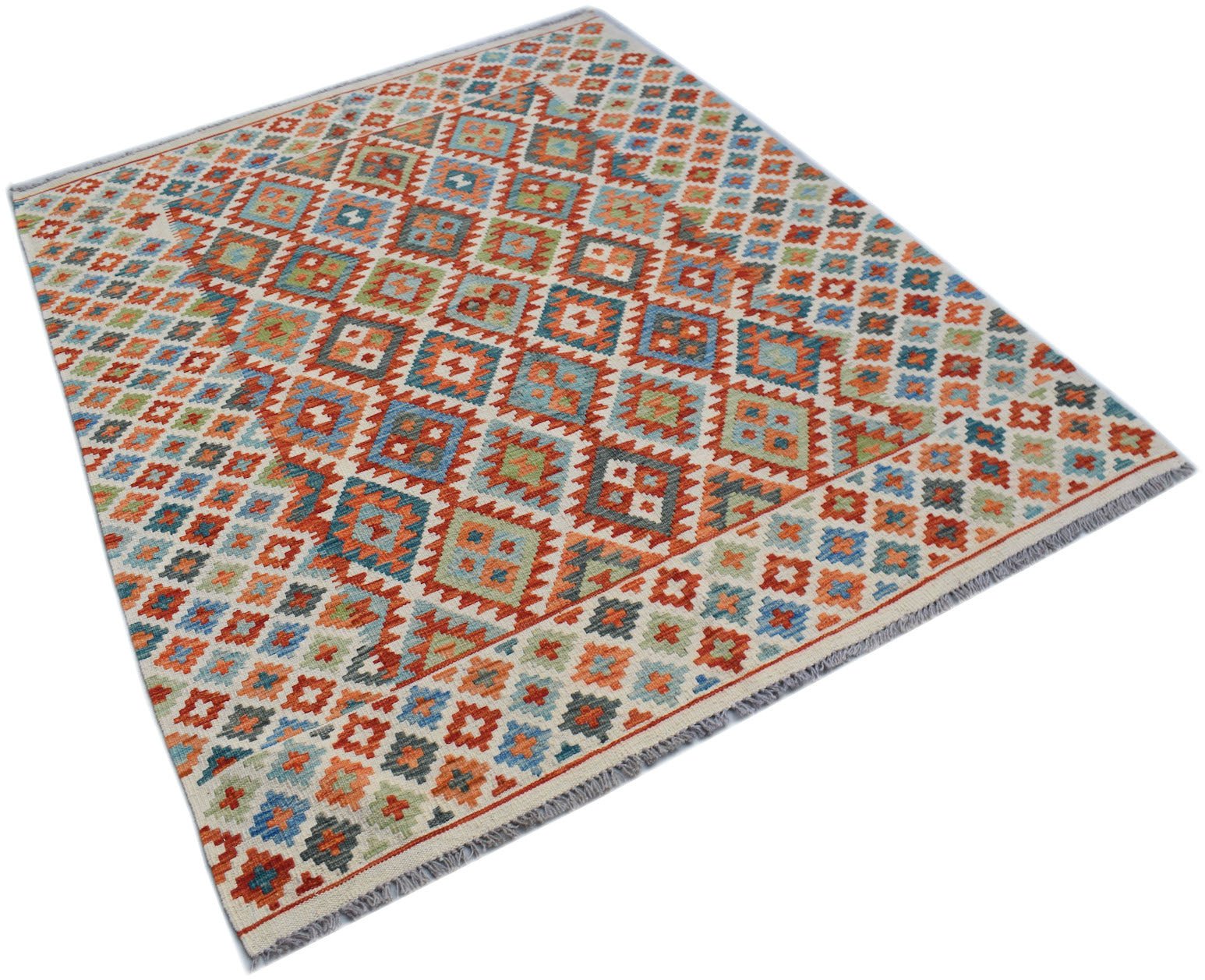 Handwoven Afghan Maimana kilim rug featuring a colorful geometric diamond pattern in wool.