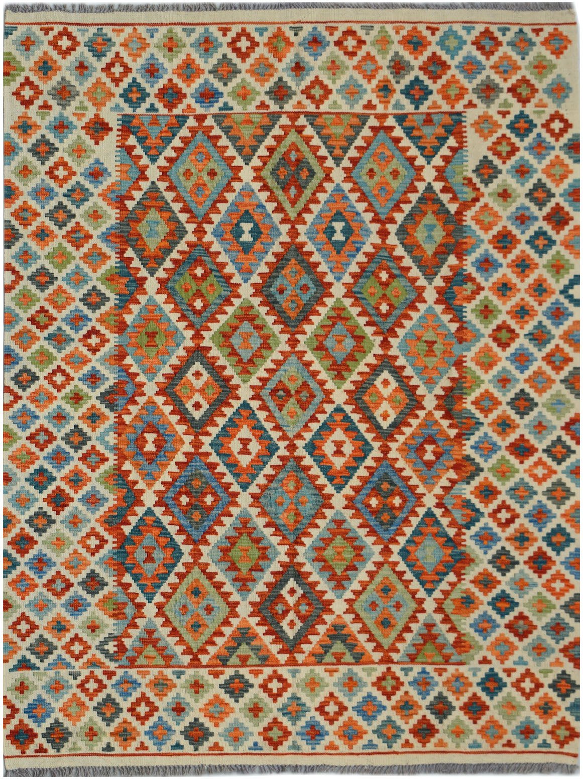 Handwoven Afghan Maimana kilim rug featuring a colorful geometric diamond pattern in wool.